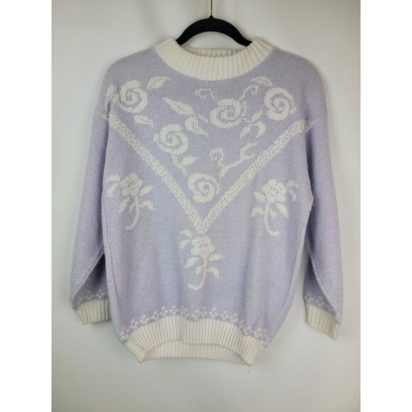 Vintage Lavender Knit Floral Rose Sweater Grandmacore Ugly Sweater Sz S - Picture 1 of 6